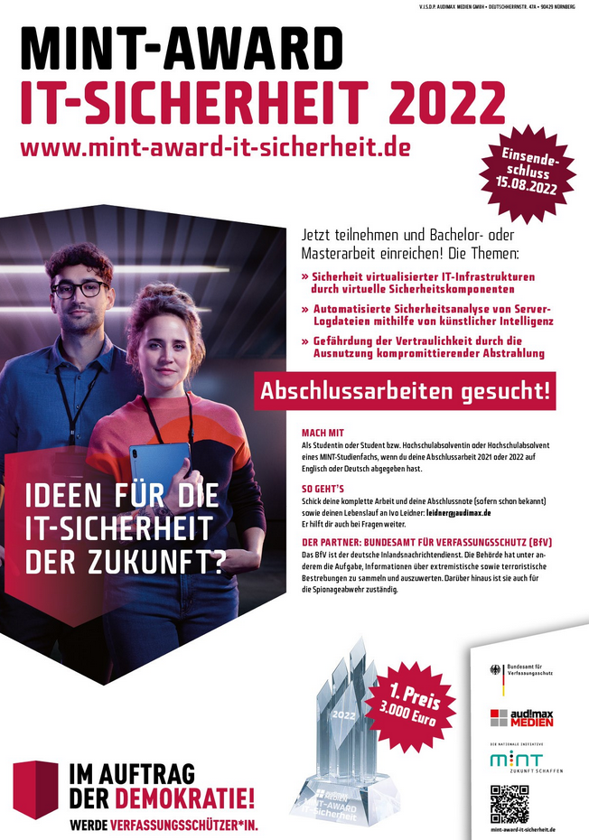 Ausschreibung audimax MINT AWARD IT-Sicherheit 2022 – noch bis 15.8. BA- oder MA-Arbeit einreichen!